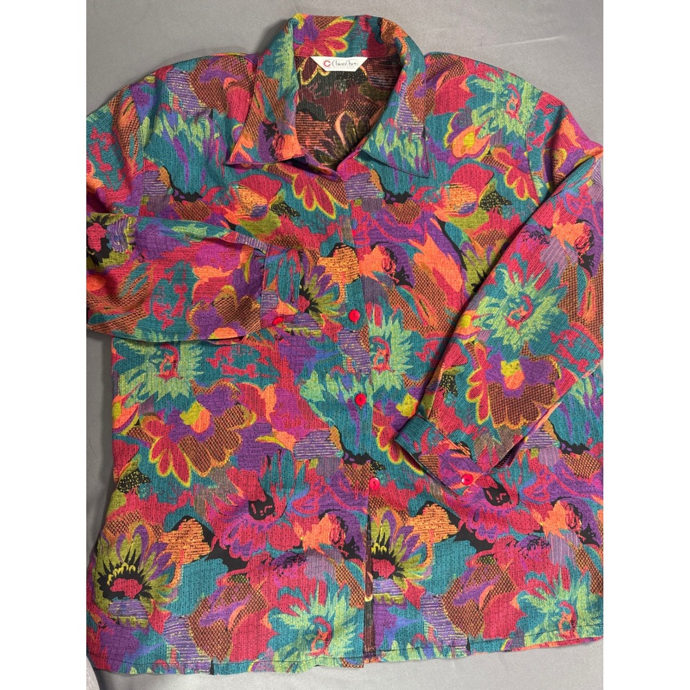 Chian Chen High Fashion Vtg 90s Floral Button Up Shirt Multi Color Psychedelic